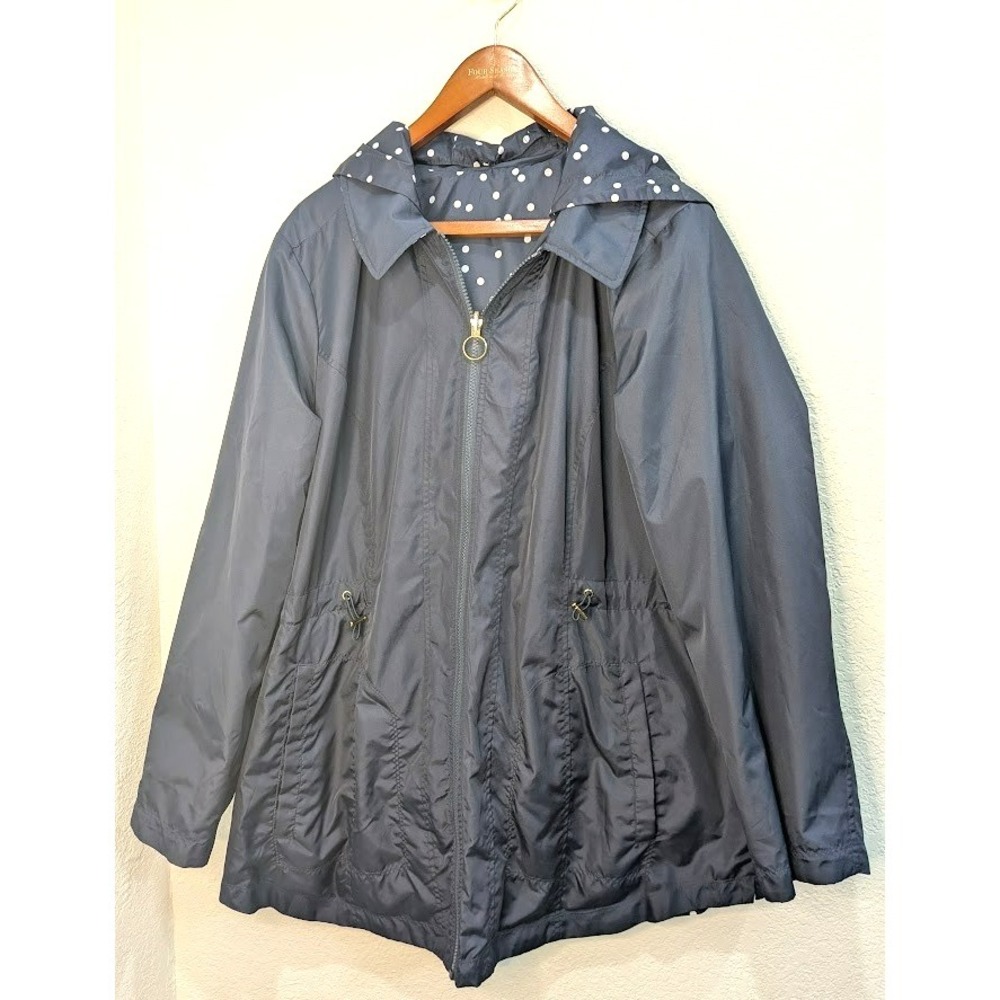 Isaac Mizrahi Live! Polka Dot/Navy Reversible Rain Jacket Hood Women's Size 1X - Picture 2 of 7